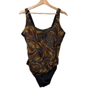 Longitude Swimsuit Gold Bronze Black Floral Tummy Control One-Piece Full Bottom